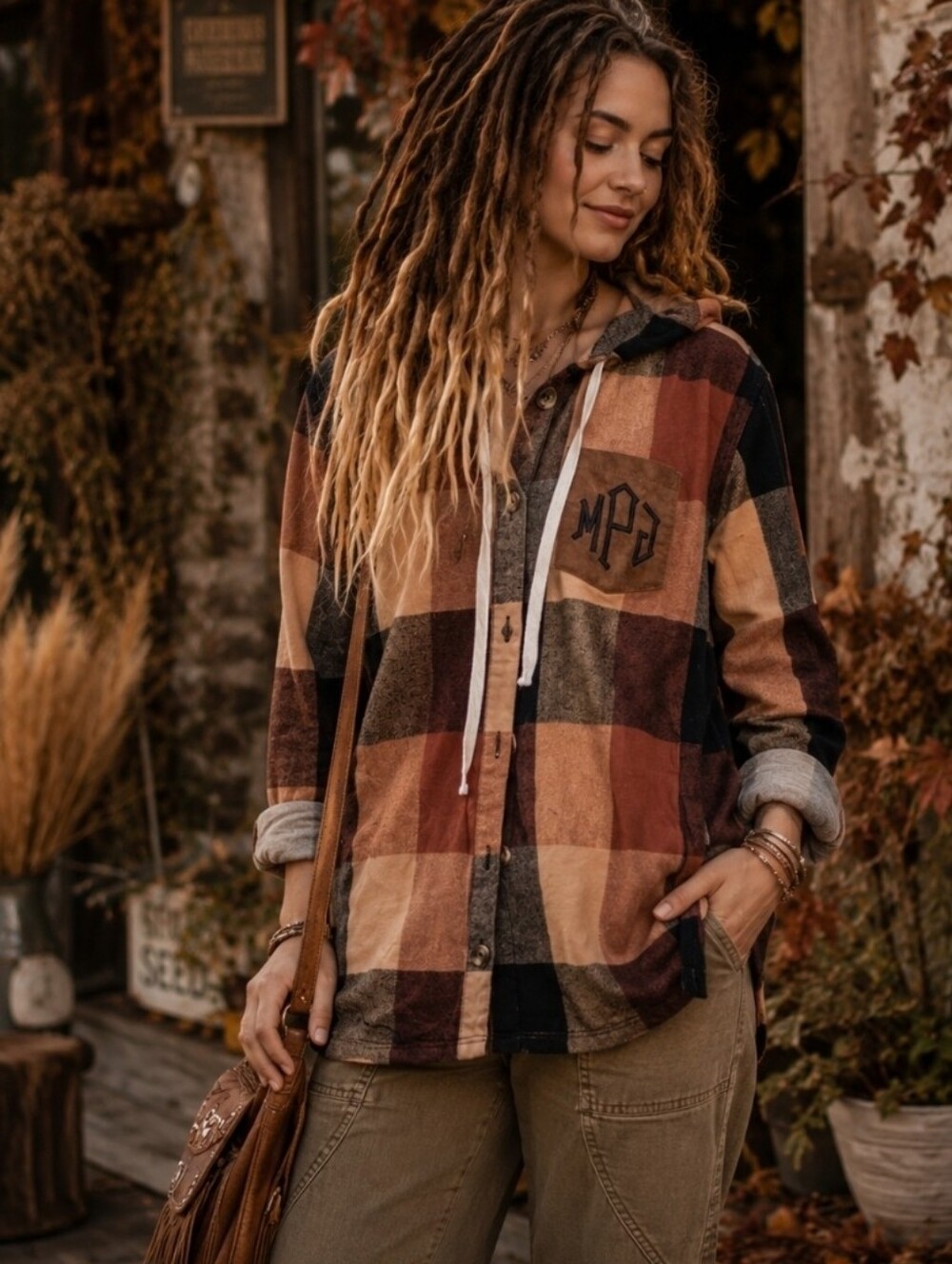 Marley Lilly Brown Rust Plaid Hooded Flannel Button Up Shacket M
